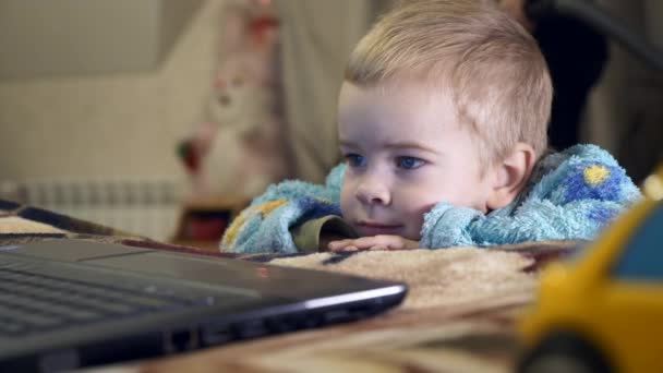 Милий Маленька Дитина Спостерігає Встановленням Мультфільми Відео Портативний Комп Ютер — стокове відео