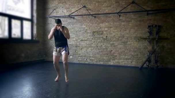 Entrenamiento Boxeador Muay Thai Cámara Lenta Estudio Patadas Puñetazos Pelea — Vídeo de stock