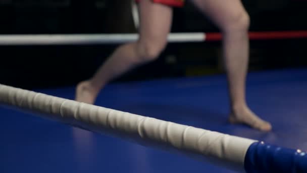 スローモーション クローズ アップ ムエタイ タイの戦闘機訓練の足でボクシングのリング — ストック動画