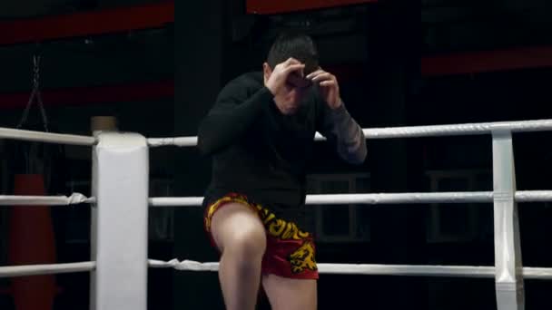 Slow Motion Muay Thai Fighter Training Boxing Ring Kicks Punches — Stock Video