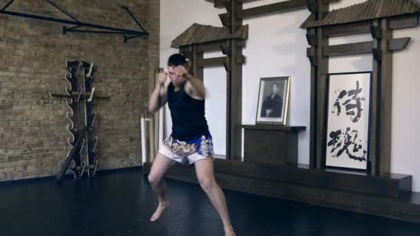 Muay Thai Boxer Training Studio Praticar Socos Chutes Bate Com — Vídeo de Stock