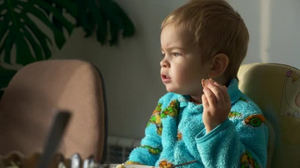 Lindo Niño Comiendo Salchicha Desayuno Casa Día Soleado Brillante Movimiento — Vídeos de Stock