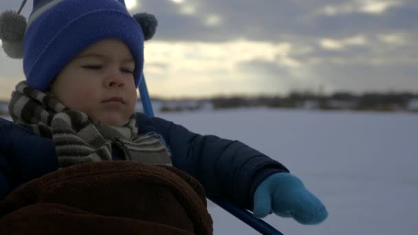 Lugn Allvarliga Barn Sitter Fryser Slädar Frysta Fältet Slätter Täckta — Stockvideo