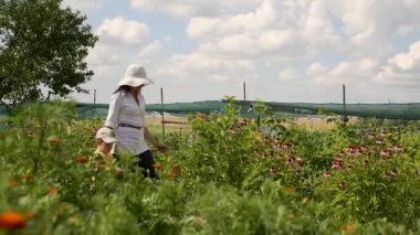 Arka bahçede taze toplanmış kayısılarla Anne ve Çocuk Yürüyüşü
