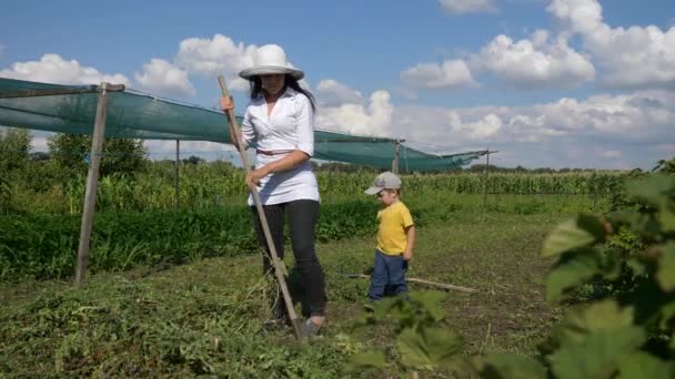 Žena Obdělává Půdu Farmaření Dvorku Zpomalený Pohyb Rychlost Fps — Stock video