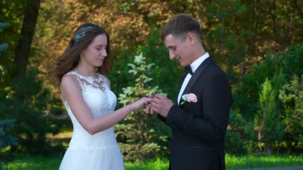 Svatební Prsteny Nevěsty Ženicha Zpomalení Rychlost Fps — Stock video