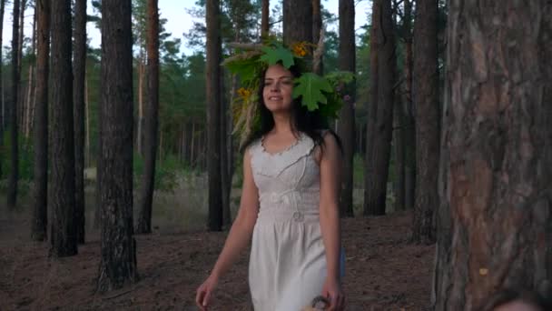 Mulher Vestido Branco Com Grinalda Reúna Cogumelos Cesta Pine Forest — Vídeo de Stock