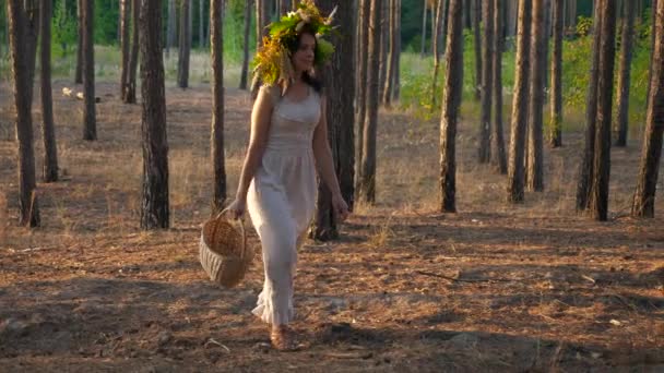 Mujer Vestido Blanco Con Corona Cesta Busca Setas Bosque Pino — Vídeo de stock