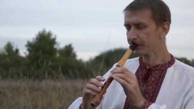 Ukrayna Etnik Kıyafetleri Giyinen Halk Müzisyenleri Ormanın Yakınındaki Çimenler Arasında Çimen Çalıyor. 4K HDR