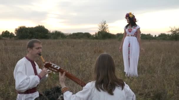 Kobieta Lubi Ludowych Muzyków Grających Trawie Polu Pobliżu Lasu Hdr — Wideo stockowe