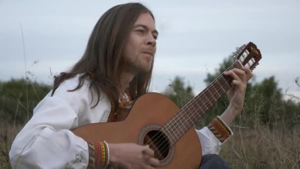 Folk Musiker Klädd Ukrainska Etniska Kläder Spelar Gräs Bland Fältet — Stockvideo