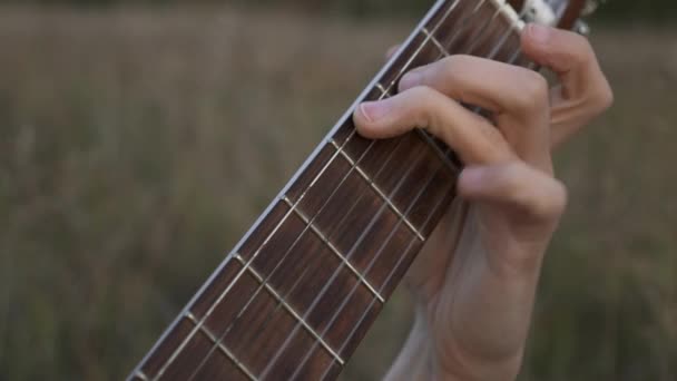 Yakın Plan Müzisyen Saha Arasında Otururken Gitar Üzerinde Çalıyor Hdr — Stok video