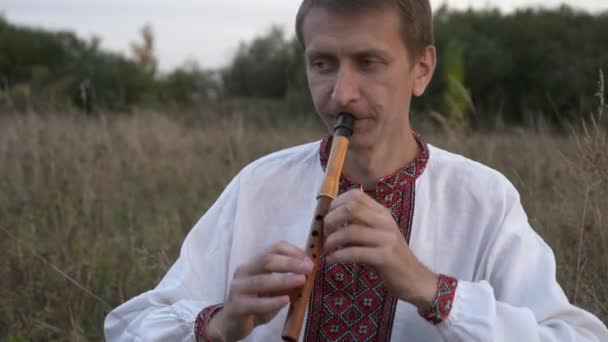 Close Muzikant Speelt Houten Fluit Natuur Tijdens Het Zitten Het — Stockvideo