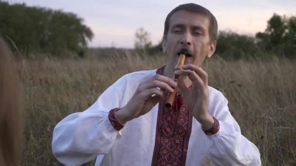 森の近くのフィールドの間で草の上で遊んでウクライナ民族服を着て民俗音楽家 Hdr — ストック動画