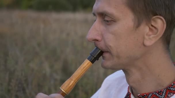 特写音乐家弹奏木笛时 坐在田里的大自然 4K人类发展报告 — 图库视频影像