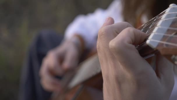 Close Musiker Spiller Guitar Naturen Mens Sidder Blandt Feltet Hdr – Stock-video