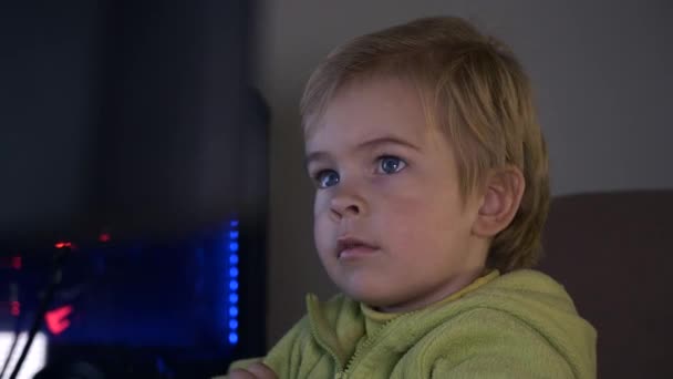 Fps Little Boy Uses Desktop Computer Surfing Web Watching Media — Stock Video