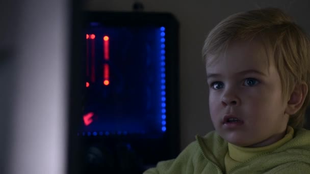 Fps Little Boy Uses Desktop Computer Surfing Web Watching Media — Stock Video