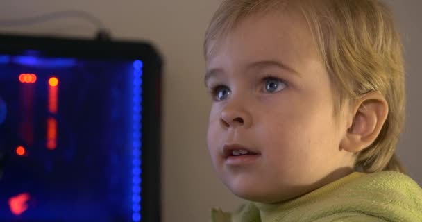 Niño Lindo Está Utilizando Internet Navegación Por Computadora Monitor Reflexión — Vídeo de stock