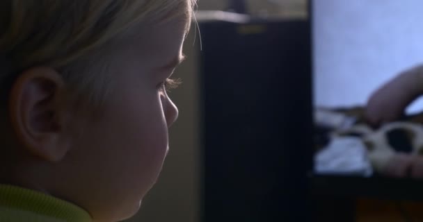 Мальчик Смотрит Свое Детство Видео Семейного Архива Экране Монитора Компьютера — стоковое видео
