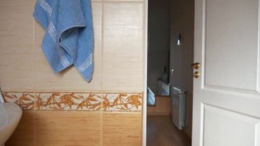 Mutlu anne ve oğul sabah diş fırçalamak için banyoya gidiyor. 2x Ağır çekim - 60FPS