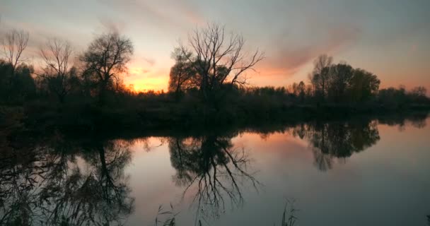 Schöner Sonnenuntergang Über Bäumen Und Fluss Abendhimmel Reflexion Über Wasser — Stockvideo
