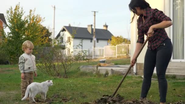 Junge Frau Reißt Blätter Mutter Mit Sohn Und Katze Putzen — Stockvideo