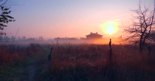 Village Houses Morning Mist Fog Αγροτική Ύπαιθρο Τοπίο Τοπίο Φόντο — Αρχείο Βίντεο