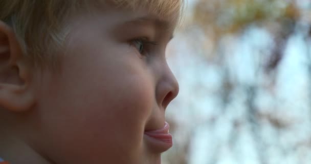 Крупный План Грустная Детская Эмоция Симпатичный Расстроенный Серьезный Мальчик Стоит — стоковое видео