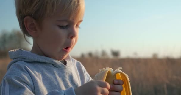 Głodne Małe Dziecko Smacznego Banana Wieczorne Słońce Kontekst Obszarów Wiejskich — Wideo stockowe