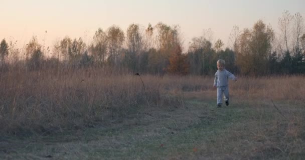 Bambino Bambino Che Corre Correndo Jogging Field Road Fronte Sole — Video Stock