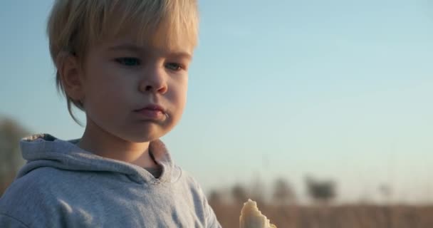 Bambino Affamato Mangia Banane Saporite Sera Luce Del Sole Contesto — Video Stock