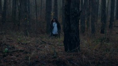 Kara Pelerinli Gezgin, Pelerinli Ormanda Yürüyor. Gezgin Keşiş Pilgrim. Sonbahar Sabahı. Gizemli Gezgin. 2x Yavaş çekim 60 fps 4K