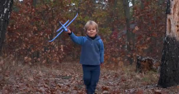 Little Boy Corre Con Aeroplano Nella Foresta Autumn Grove Vicino — Video Stock