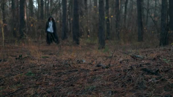 Vandrare Black Cloak Cowl Går Genom Misty Forest Vandrande Munk — Stockvideo