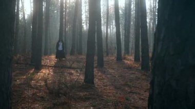 Kara Pelerinli Gezgin, Pelerinli Ormanda Yürüyor. Gezgin Keşiş Pilgrim. Sonbahar Sabahı. Gizemli Gezgin. 2x Yavaş çekim 60 fps 4K