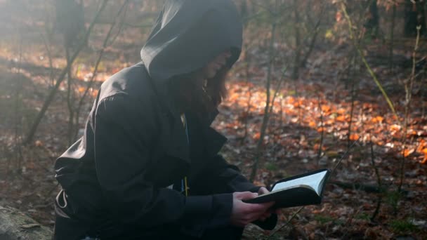 Monje Capucha Negra Levanta Mano Sosteniendo Biblia Sol Misty Wood — Vídeo de stock