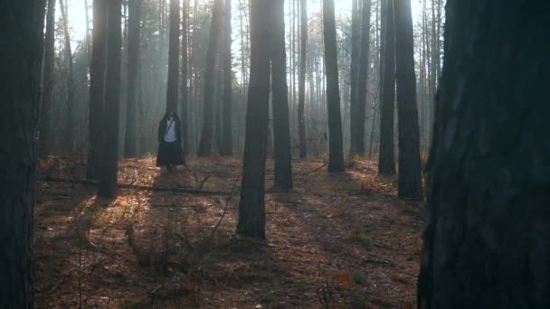 Wanderer Black Cloak Cowl Walks Misty Forest Wandering Monk Pilgrim — Stock Video