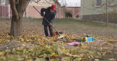 Boy Rakes Arka Bahçede Yapraklar. Soğuk Sonbahar Havası Ağır çekim 4K 10-bit 