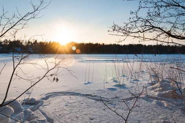 Гарні зимовий сцени. Захід сонця на замерзлому озері покриті снігом. — стокове фото