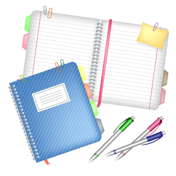 Schreibwarenzubehör. Notizbuch mit Heftklammern und Lesezeichen und drei Stiften — Stockvektor