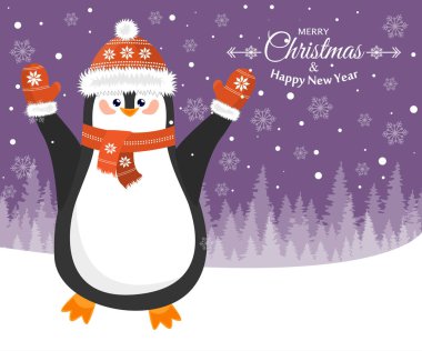 Neşeli Noel ve a mutlu yeni yıl. Şapkalı bir penguen ile güzel kartpostal