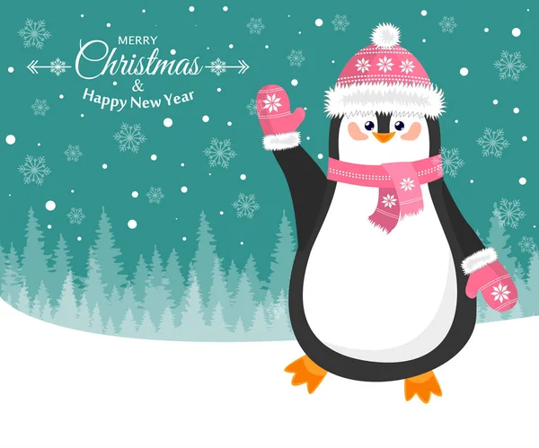 Веселого Різдва і щасливого нового року. Прекрасна листівка з пінгвіном у капелюсі — стоковий вектор
