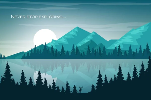 Düz bir tarzda göl kenarında bir dağ manzara İllüstrasyon