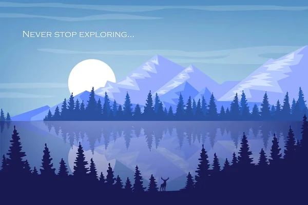 Düz bir tarzda göl kenarında bir dağ manzara İllüstrasyon