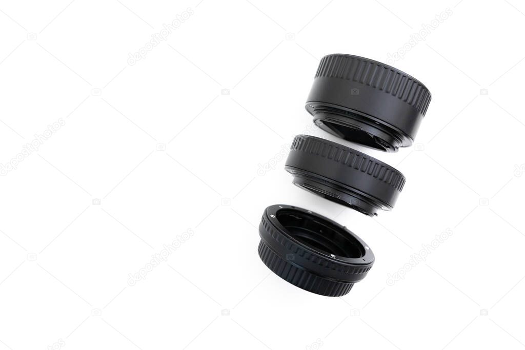 Macro extension tubes rings isolated on white background 