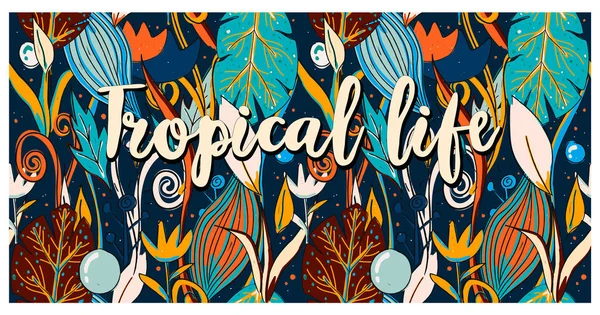 Dikişsiz desen tropikal yaşam, elle çizilmiş yaprakları, çiçekleri. Yazdırma renkli modern tekstil, orman doodle temalı, soyut eskiz sanat. 