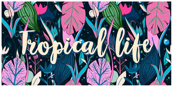 Dikişsiz desen tropikal yaşam, deniz yaşamı, elle çizilmiş yapraklar, çiçekler. Yazdırma renkli modern tekstil, orman doodle temalı, soyut eskiz sanat. 