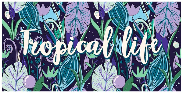 Dikişsiz desen tropikal yaşam, deniz yaşamı, elle çizilmiş yapraklar, çiçekler. Yazdırma renkli modern tekstil, orman doodle temalı, soyut eskiz sanat. Mor ve yeşil pastel renkler.