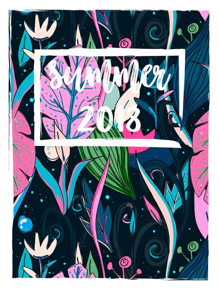 Yaz kart tasarımı. Elle çizilmiş yaprakları, çiçekleri. Tropikal deniz hayat. Yazdırma renkli modern tekstil, desen, orman doodle temalı, soyut eskiz sanat. 